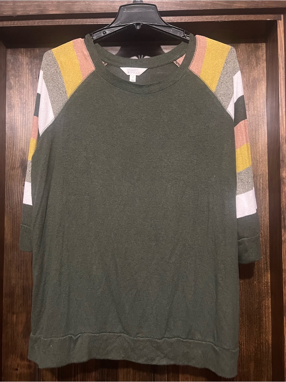 Market & Spruce Olive Green Raglan Top with Striped Sleeves